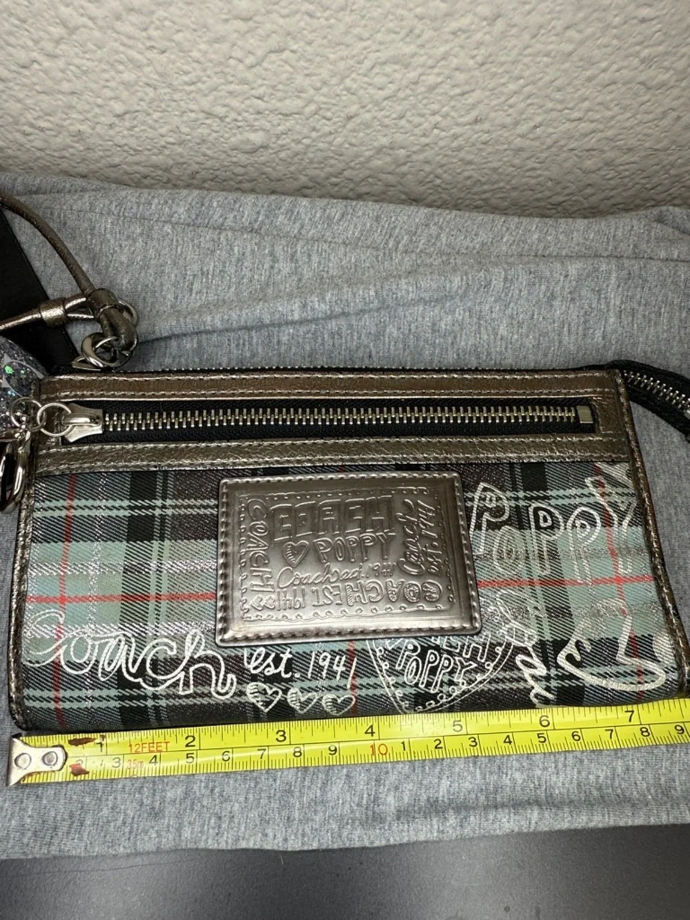 Coach Poppy Metallic Silver and Green Plaid Wristlet